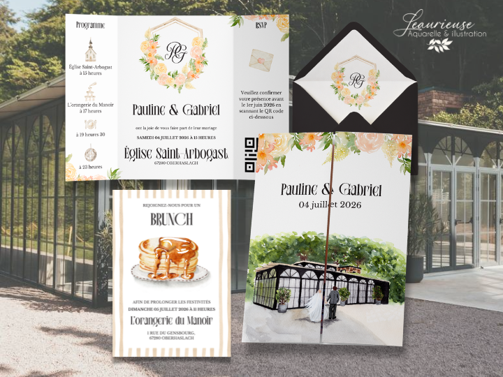 Faire-part triptyque, A5 (fermé) avec le lieu du mariage (l'orangerie du manoir) à l'aquarelle et carton brunch avec enveloppe assortie