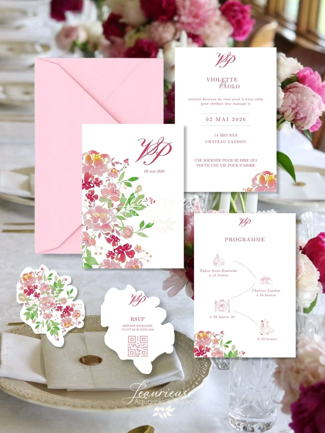 Faire part mariage save the date pivoine rose printemps aquarelle