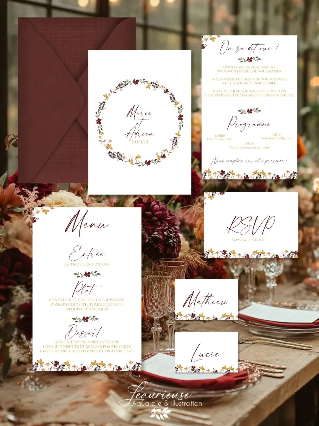 Suite faire-part rsvp menu marque place mariage automne enveloppe assortie