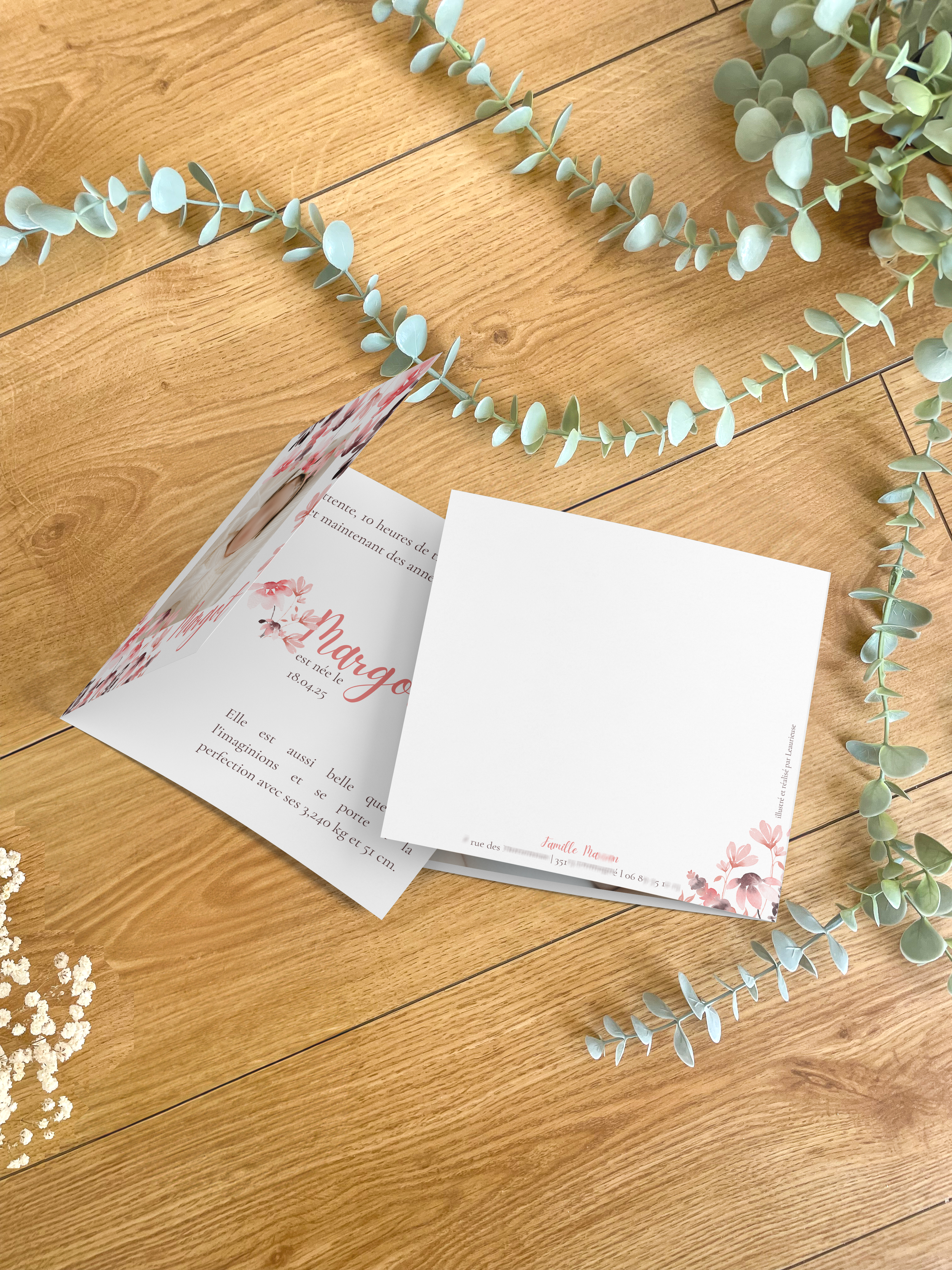 Faire-part naissance 1 pli fleuri fille