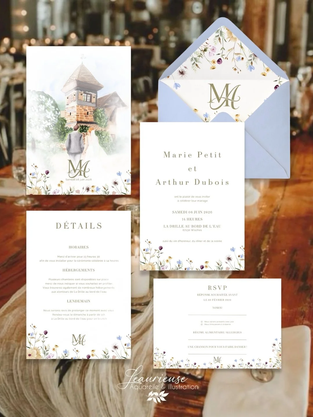 faire-part mariage la drille au bord de l'eau rsvp carton détails