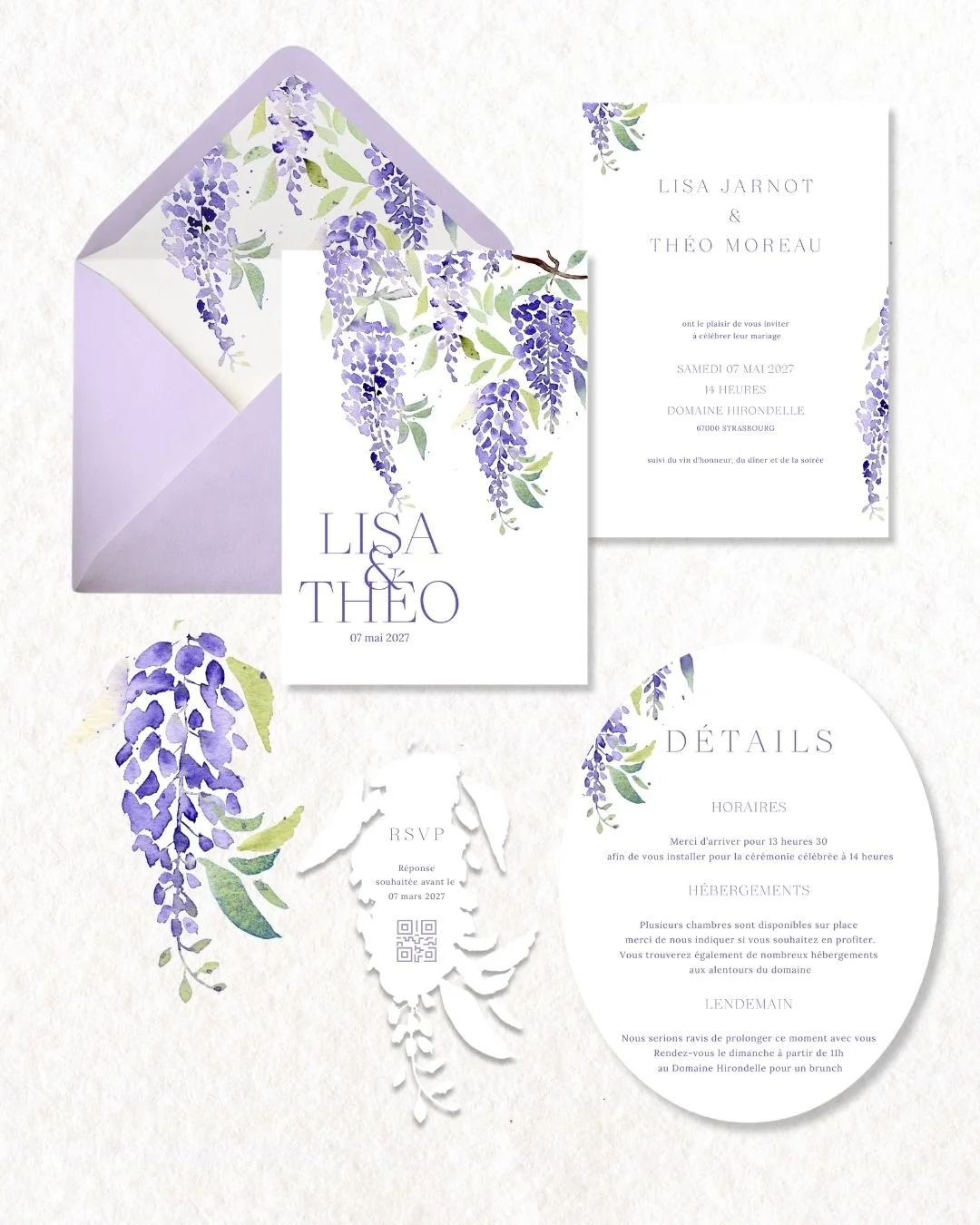 faire-part de mariage glycine mariage printemps violet lilas