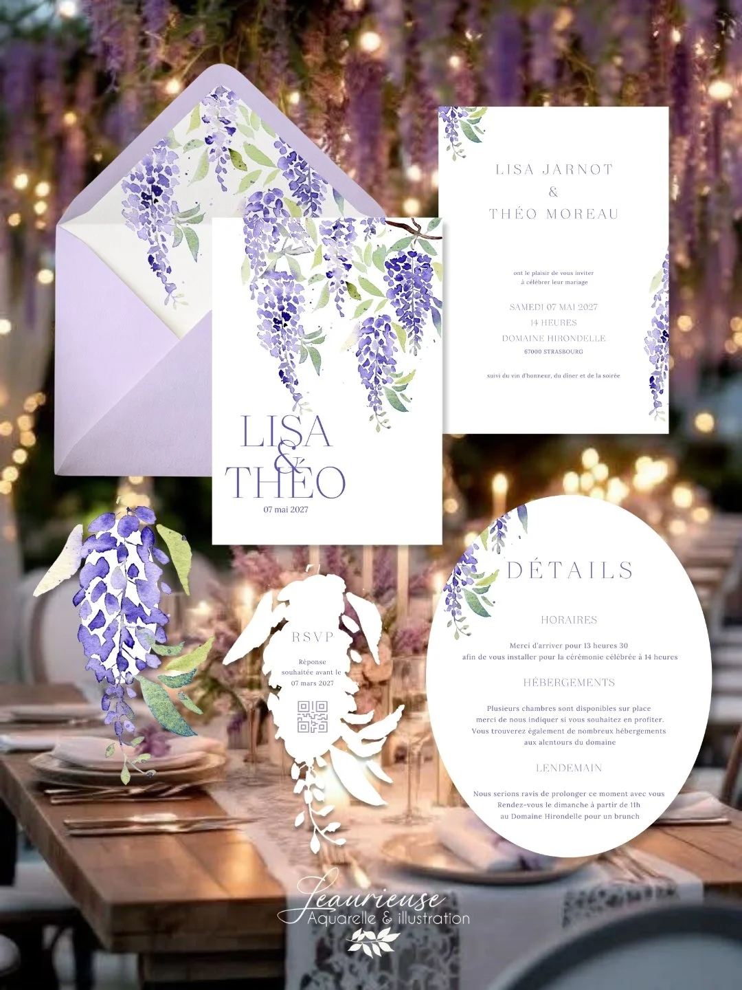 Papeterie mariage glycine aquarelle violet faire-part mariage carton détails rsvp