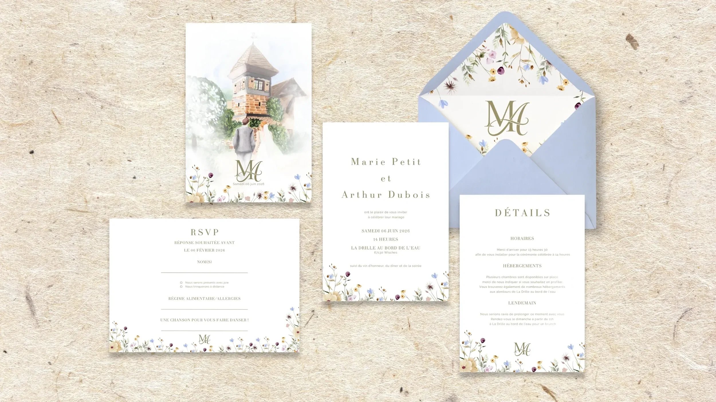 faire-part de mariage aquarelle la drille au bord de l'eau