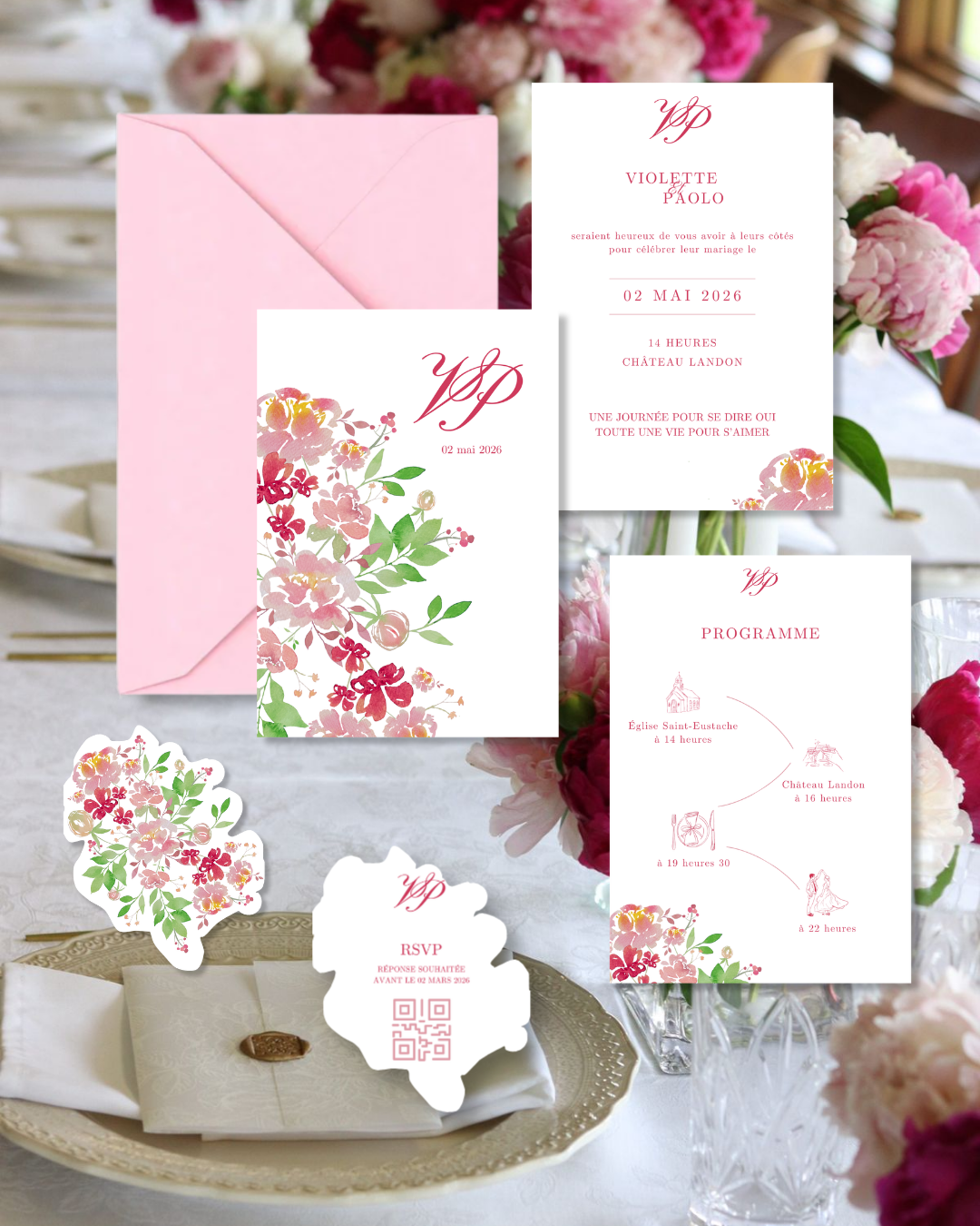 Faire part de mariage pivoine rose aquarelle elegant chic