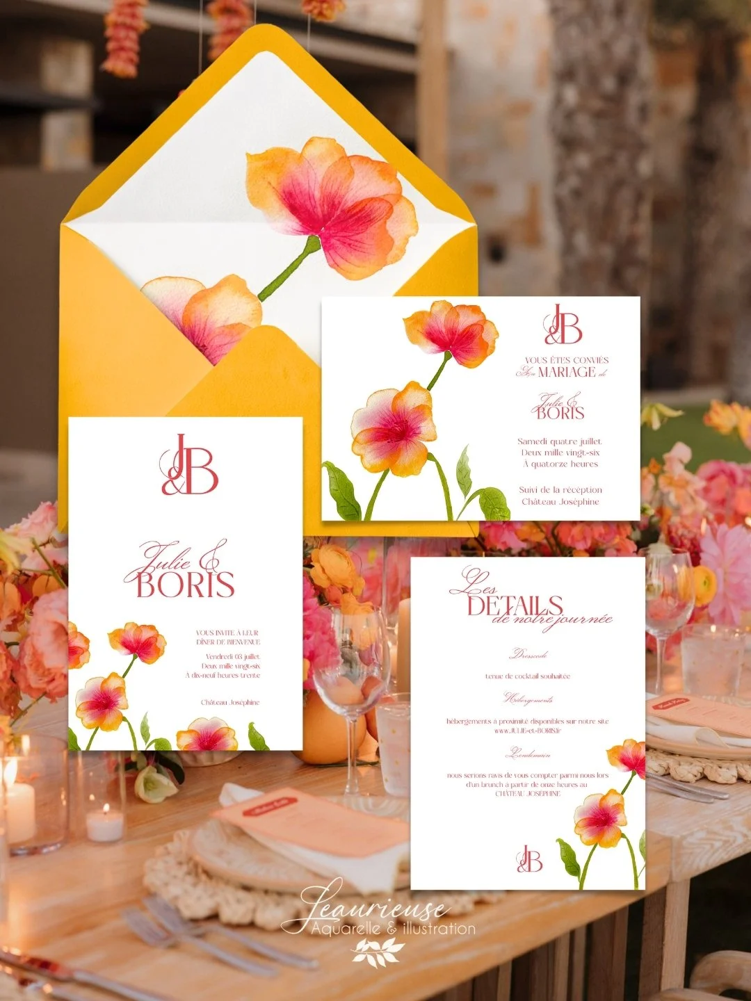Suite faire part mariage été fleur aquarelle fuschia orange coloré