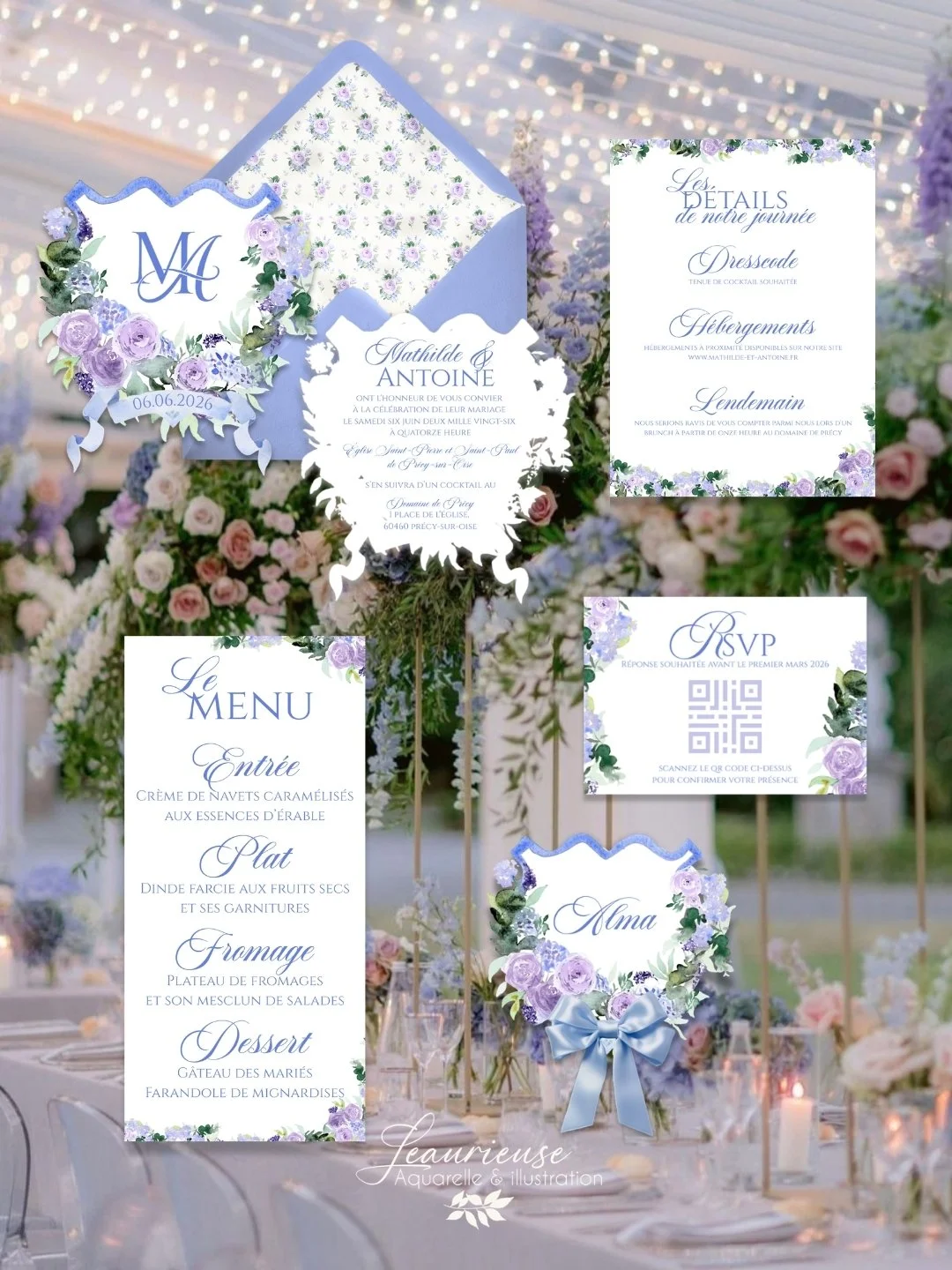 Faire-part bridgerton aquarelle bleu violet rsvp carton detail menu ecusson sur mesure
