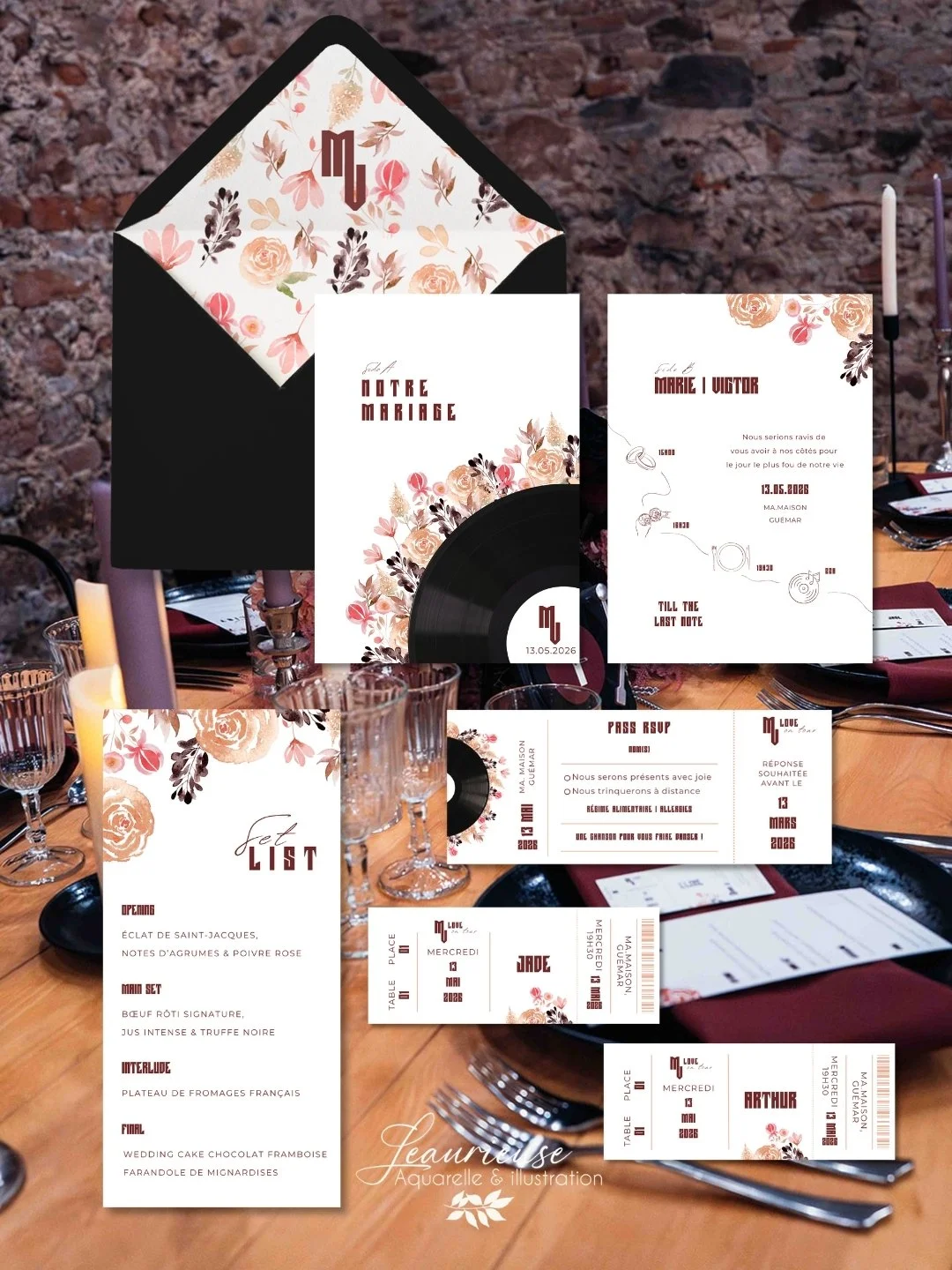 Suite papeterie mariage faire-part, rsvp, menu et marque-place, doublure enveloppe glam rock