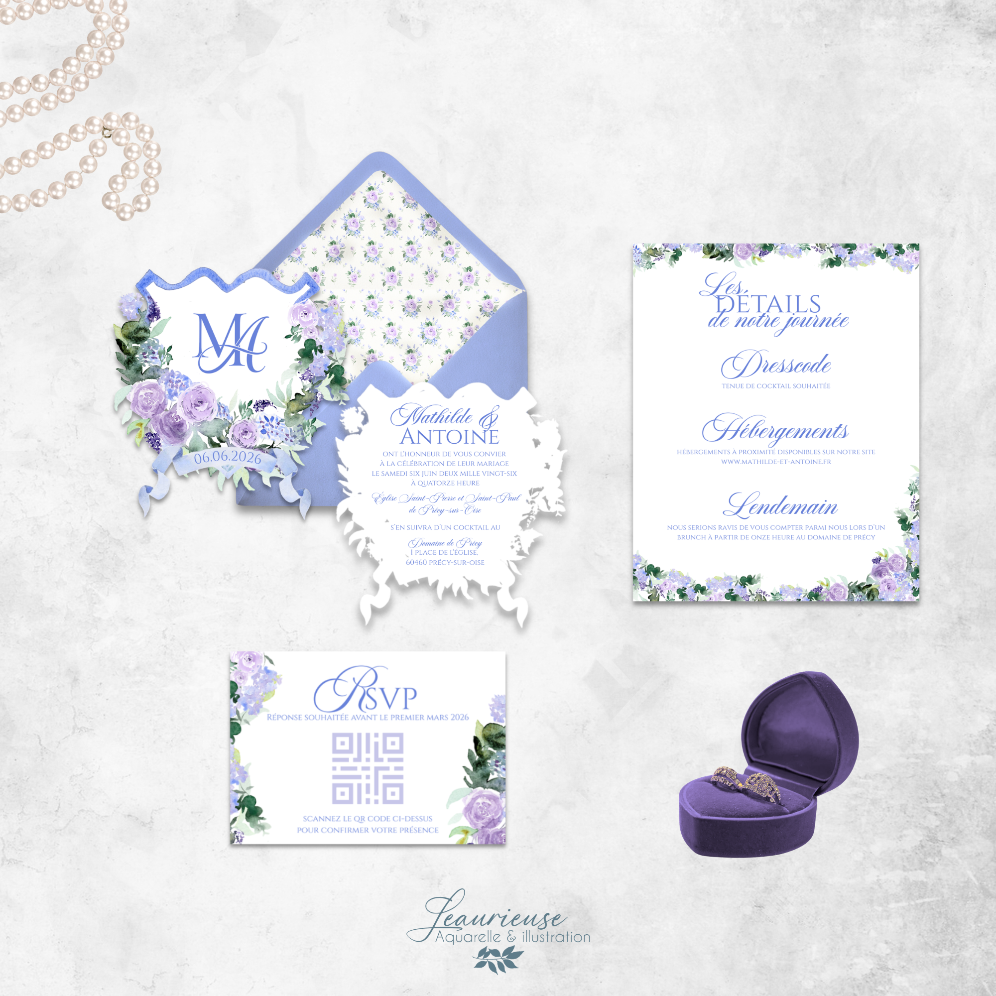 Faire-part fleuri en forme d'écusson avec monogramme des mariés, carton détails, RSVP et enveloppe assortie. Le tout dans une inspiration Bridgerton