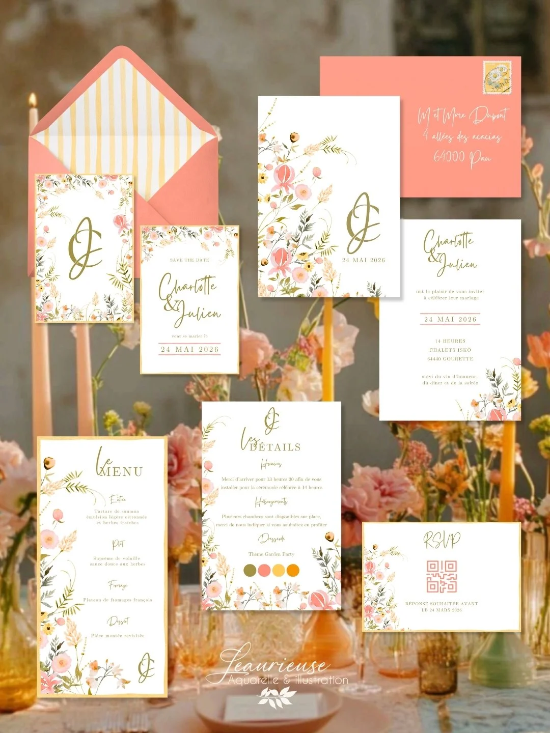 Suite papeterie mariage garden party jaune saumon  aquarelle fleurs