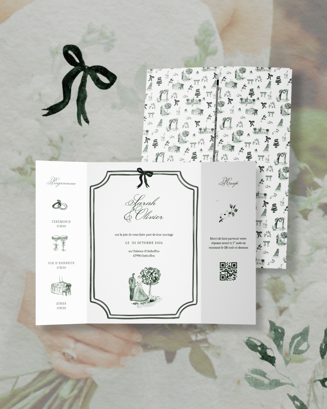 Faire-part mariage toile de jouy vert