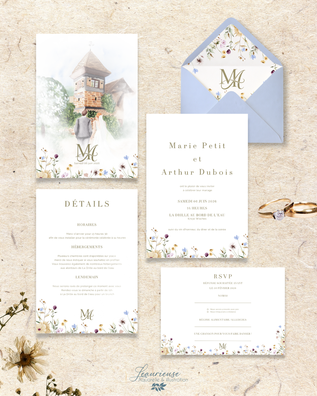 Faire-part de mariage avec en vedette la drille au bord de l'eau, avec carton rsvp, détails et enveloppe assortie