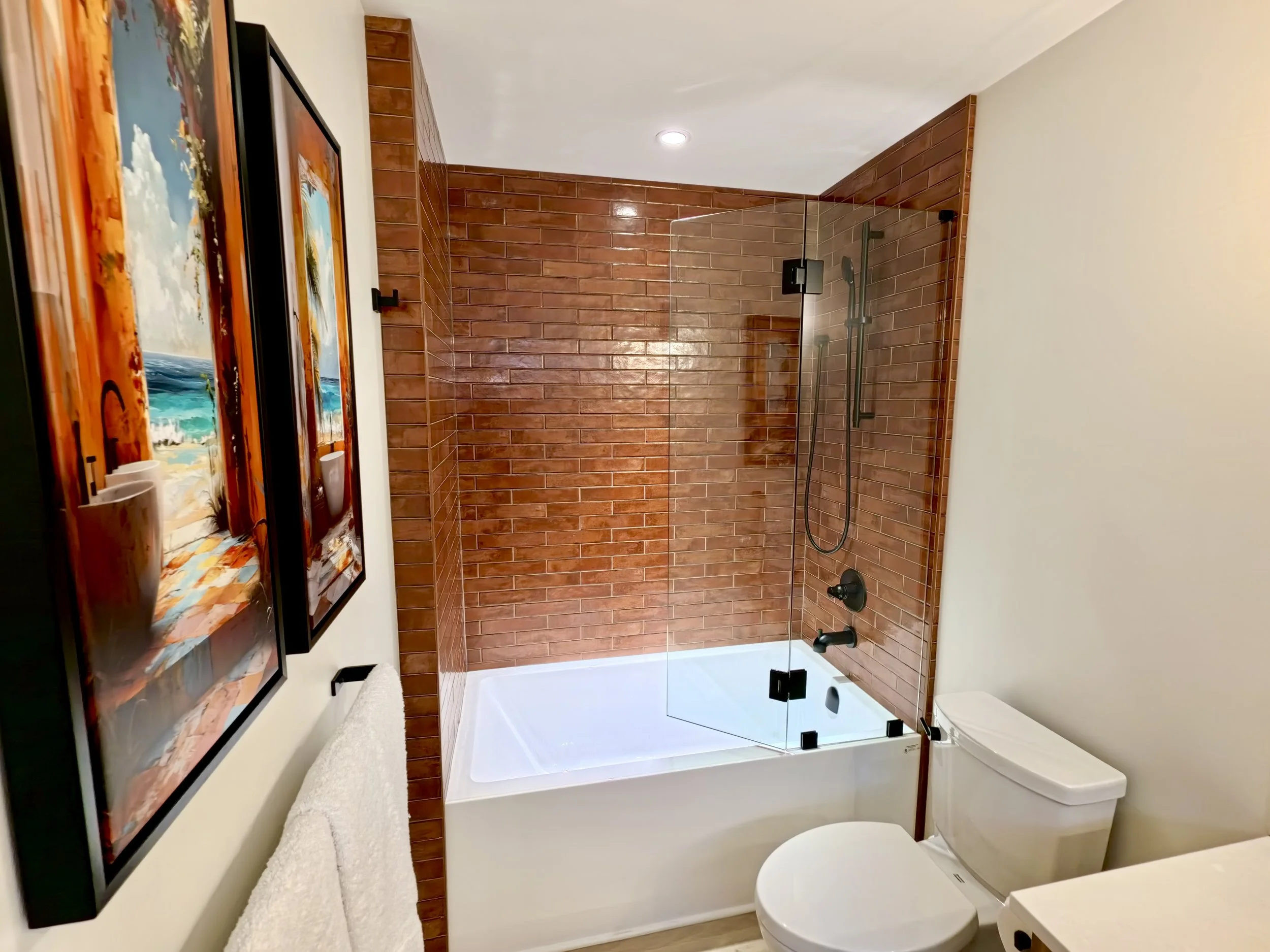 Half shower glass door with half door swing. Black hardware