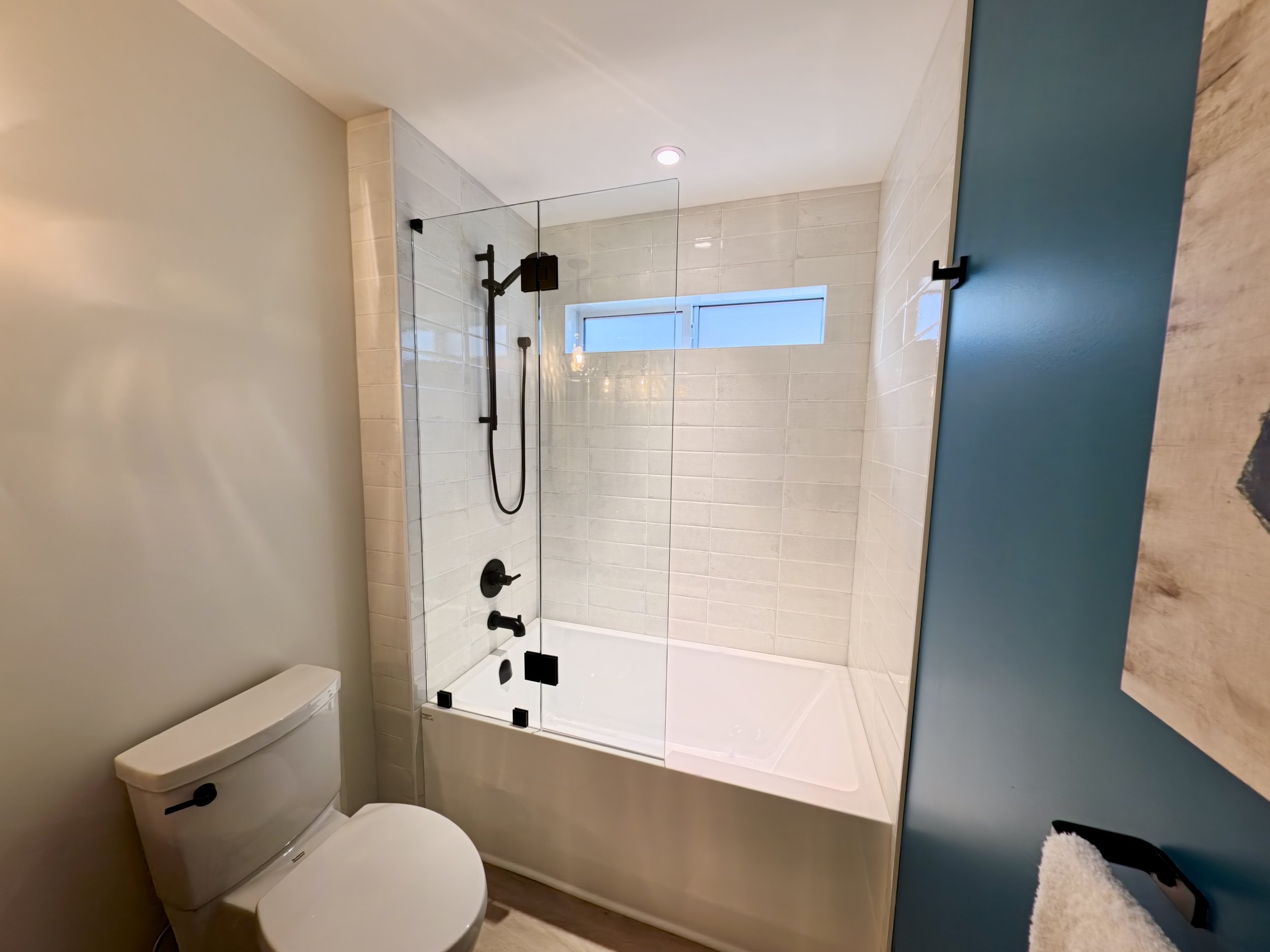 Half Glass Shower Door with black hardware and half swing door