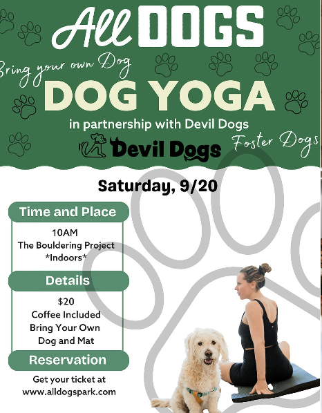 Flyer advertising All Dogs Yoga Event September 20th, Bring Your Pup!
