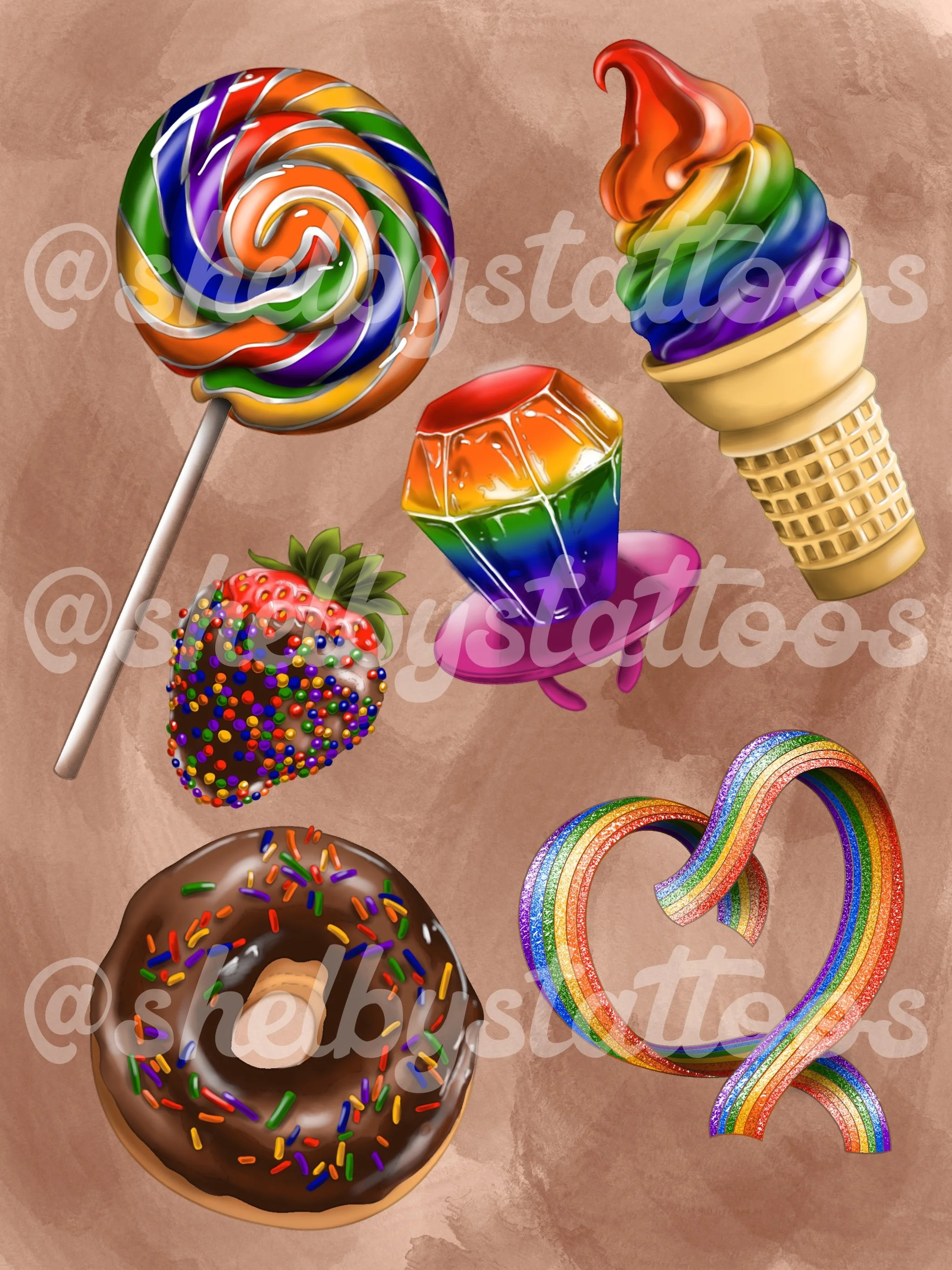 Tattoo designs of rainbow desserts including a soft serve cone, lollipop, ring pop, chocolate dipped strawberry with sprinkles, a chocolate sprinkle donut, and ribbon candy.