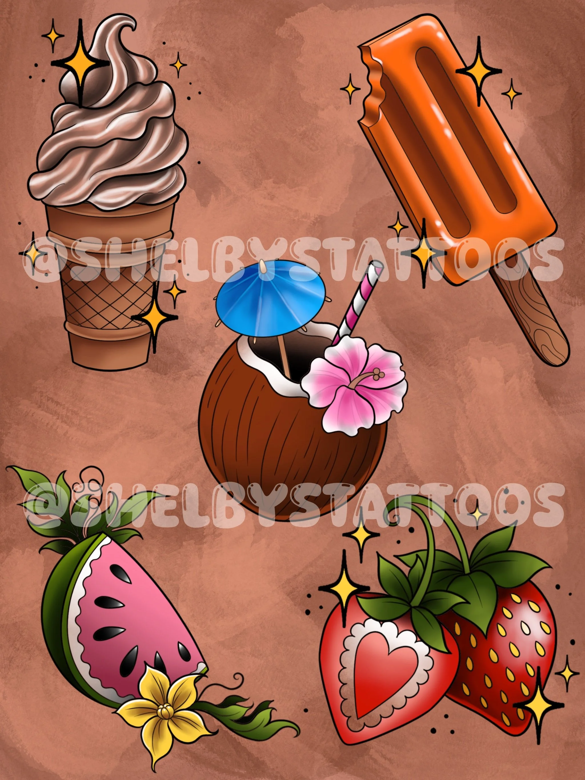 Colorful illustration of various summer-themed items including a soft serve ice cream cone, a coconut drink with an umbrella and hibiscus flower, a slice of watermelon, a strawberry, a popsicle, and flowers.