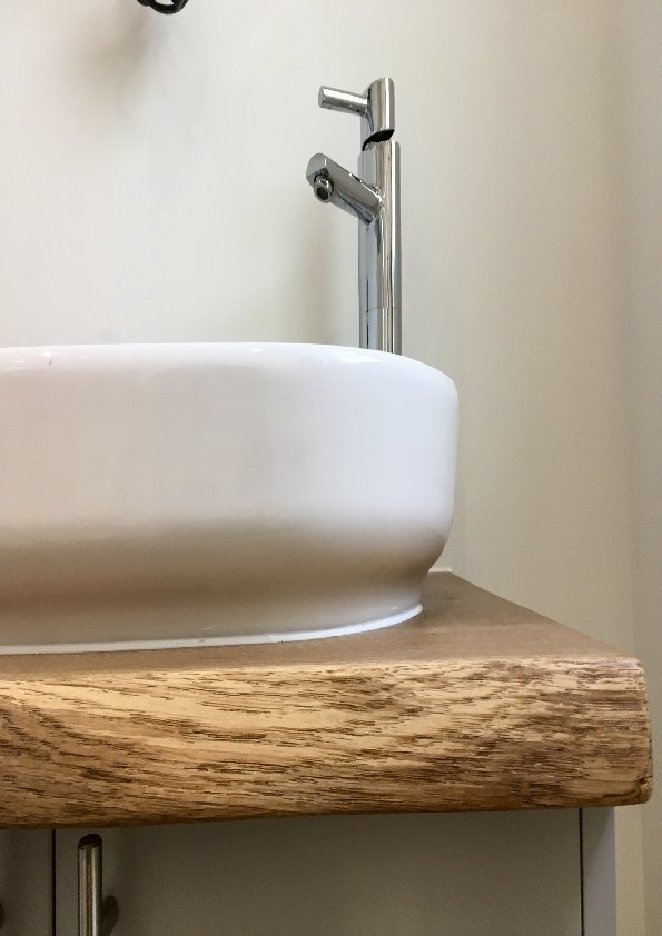 Bathroom Renovation Showing sink and Oak top detail