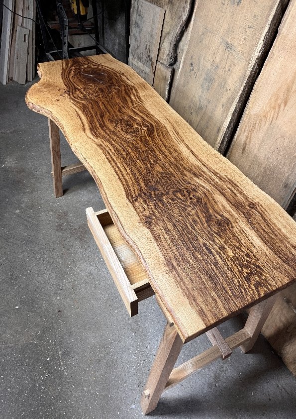 Workshop Progress on Trestle Desk Showing Stunning Brown Oak Top