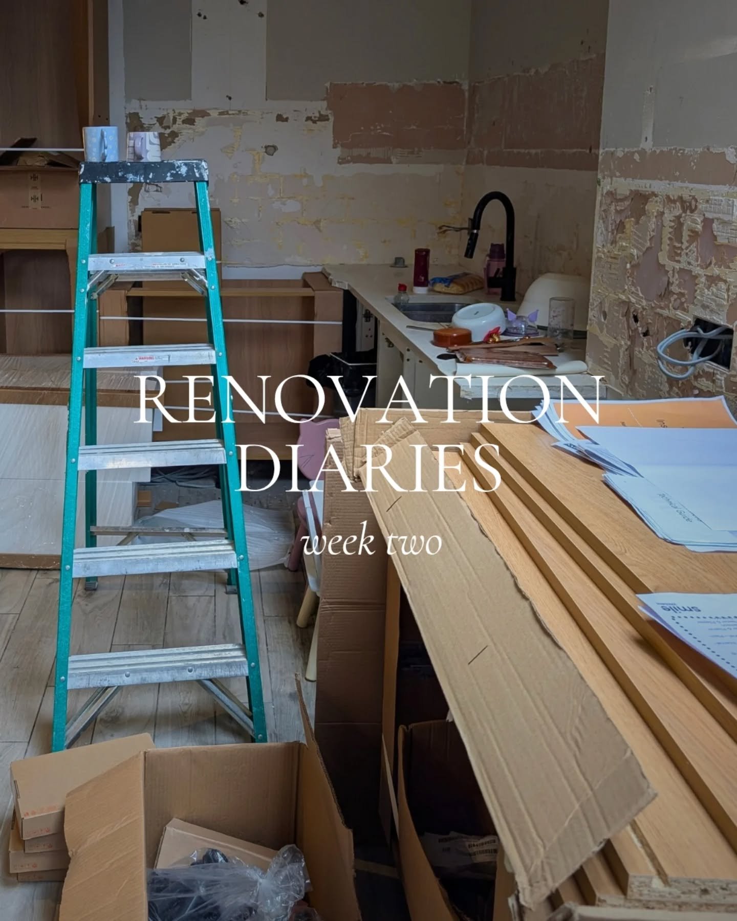 Week two: Kitchen progress diary.

This week:
&bull; Very exciting delivery from @mysmilekitchen 
&bull; Pulling the pieces together with @hendelandhendel
@dowsingandreynolds @sapienstone @purple_granite
&bull; The kids generally using the kicthen as