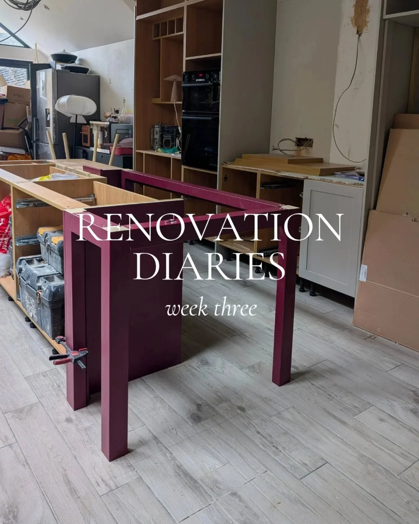 Week three: Kitchen progress diary.

This week:
&bull; The arch for the pantry was formed 
&bull; More stuff got built
&bull; The oven got delivered
&bull; The island took shape 

Next week @purple_granite are coming to template the worktop which is 