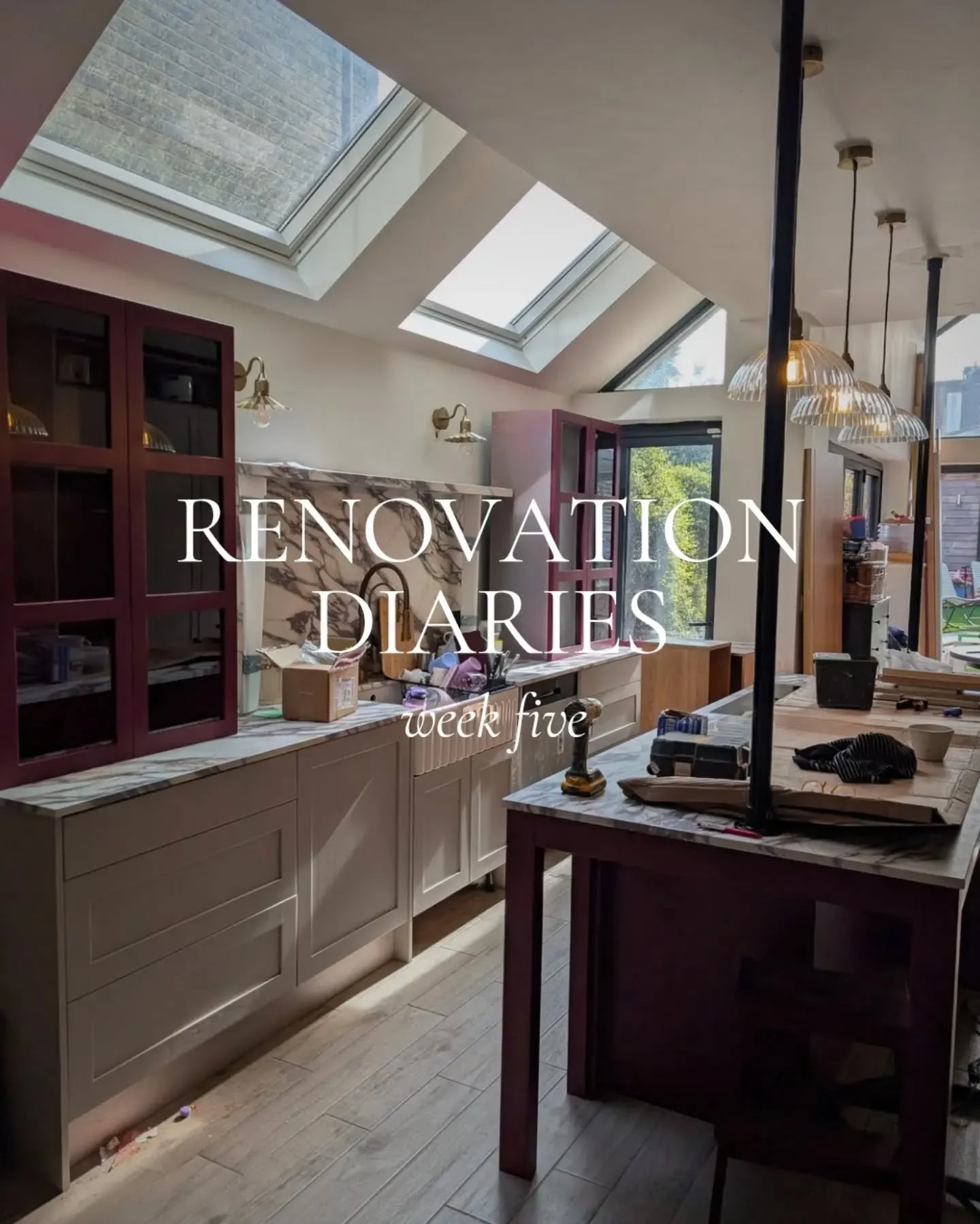 Week five: Kitchen progress diary.

This week:
&bull; @sapienstone worktops were installed by @purple_granite
&bull; More stuff got built (standard 🤣)
&bull; Fridge got delivered
&bull; @industville and @sparkandbell lights installed 
&bull; Worktop