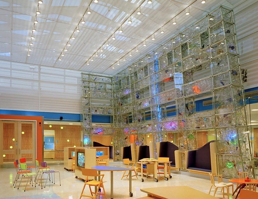 Memorial Sloan Kettering Cancer Center for Children: Bottle Wall and Waiting & Treatment Area.