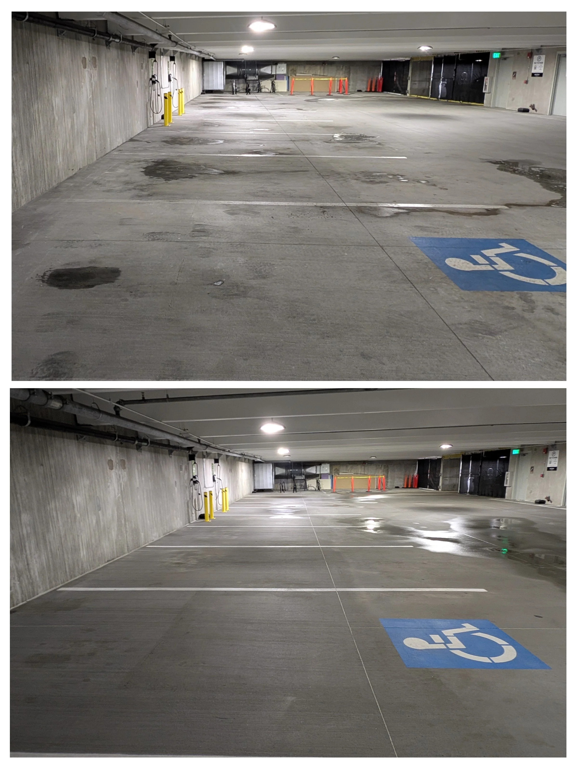 Commercial parking garage / parking deck pressure washing and oil cleanup