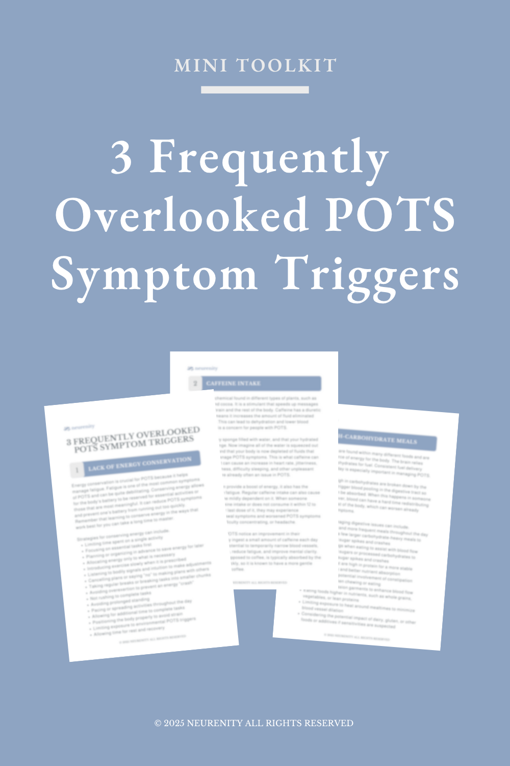 Cover page of a mini toolkit titled '3 Frequently Overlooked POTS Symptom Triggers' with three blurred pages underneath. © 2025 NEURENITY.