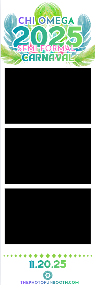 Event poster for the 2025 Chi Omega Semi-Formal Carnival on November 20, 2025, featuring colorful tropical leaves and a watermelon design with the event details. Photo booth Tallahassee rental