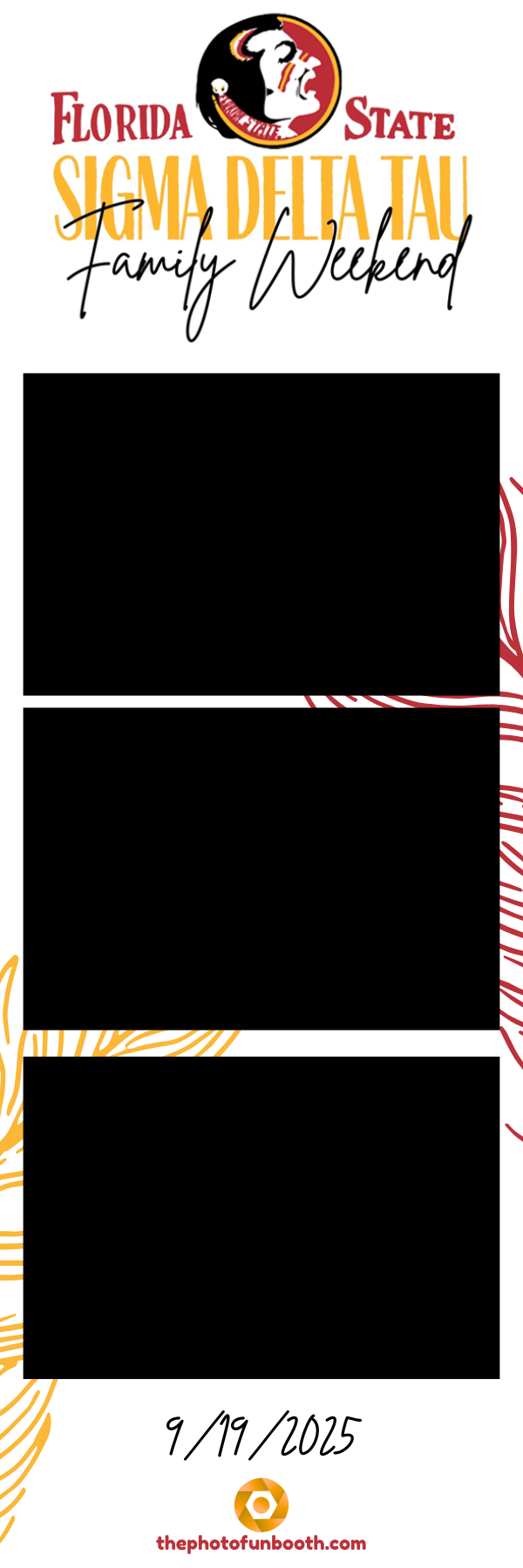 A flyer for the Florida State Sigma Delta Tau Family Weekend event scheduled for September 19, 2025, featuring the Sigma Delta Tau sorority logo with a lion mascot, decorative red and gold swishes along the sides, and the website thephotofunbooth.com at the bottom.