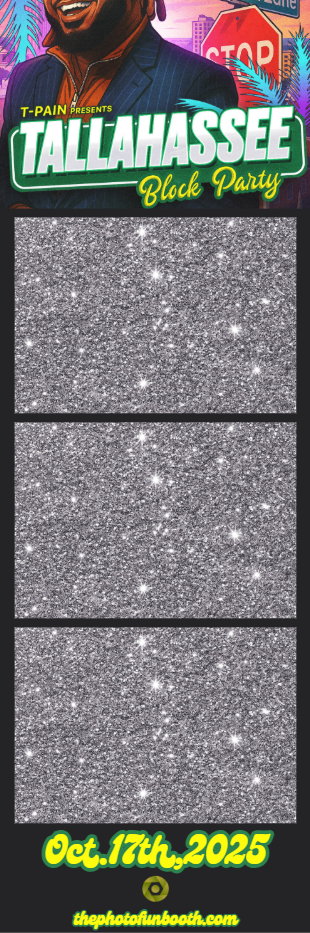 Poster for the Tallahassee Black Party, taking place on October 17th, 2025. The poster features a stylish man in a suit with colorful background elements, including palm trees and a stop sign. The bottom half shows three glittery, sparkly panels, and the website thephotoandbooth.com is listed at the bottom.