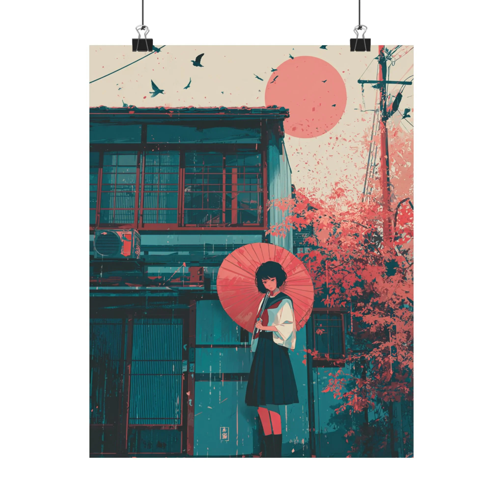 Girl with Red Parasol Matte Vertical Poster | Retro Japanese Street Art