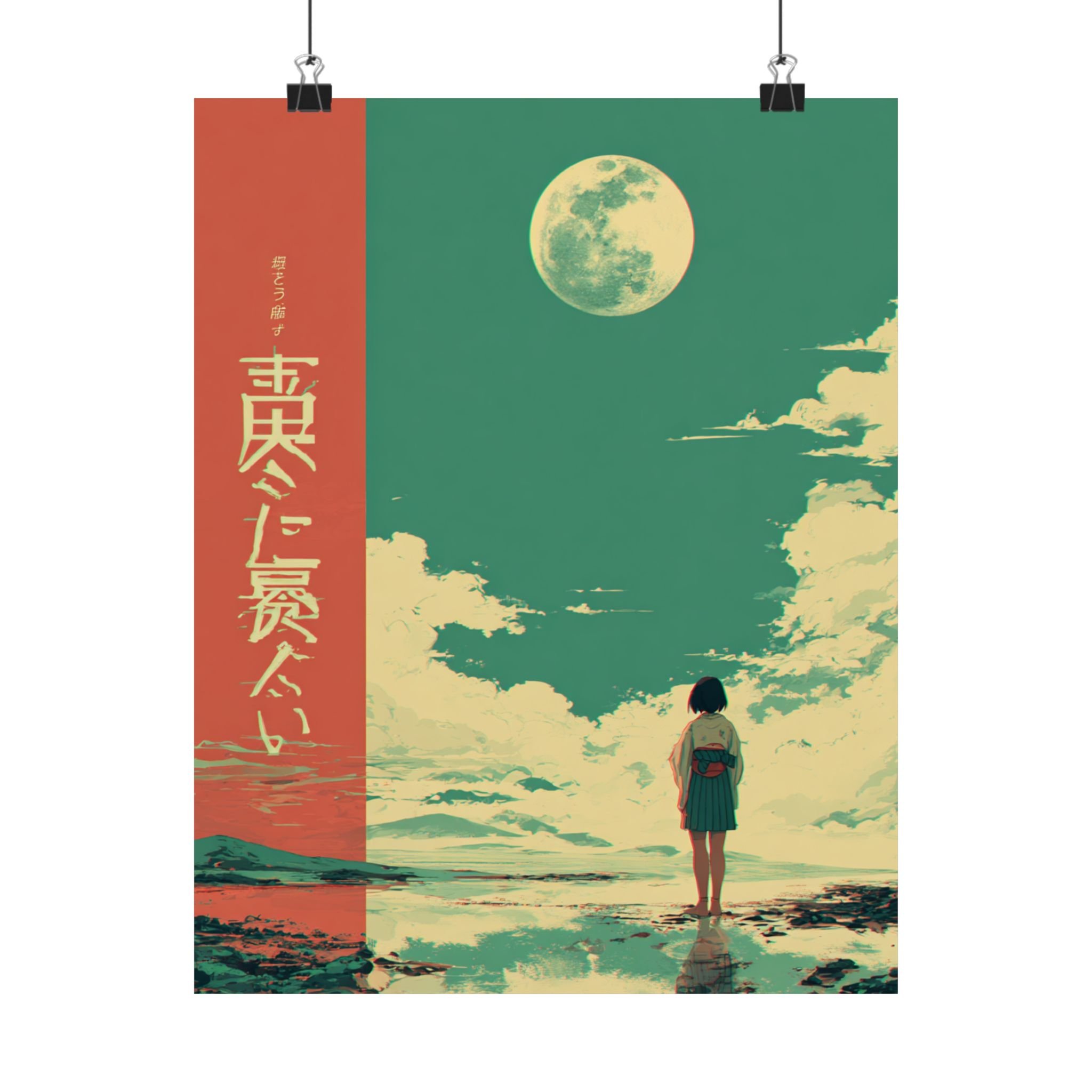 Vintage Anime Poster, Retro Japanese Art, Moonlit Anime Girl Poster | Matte Vertical Poster