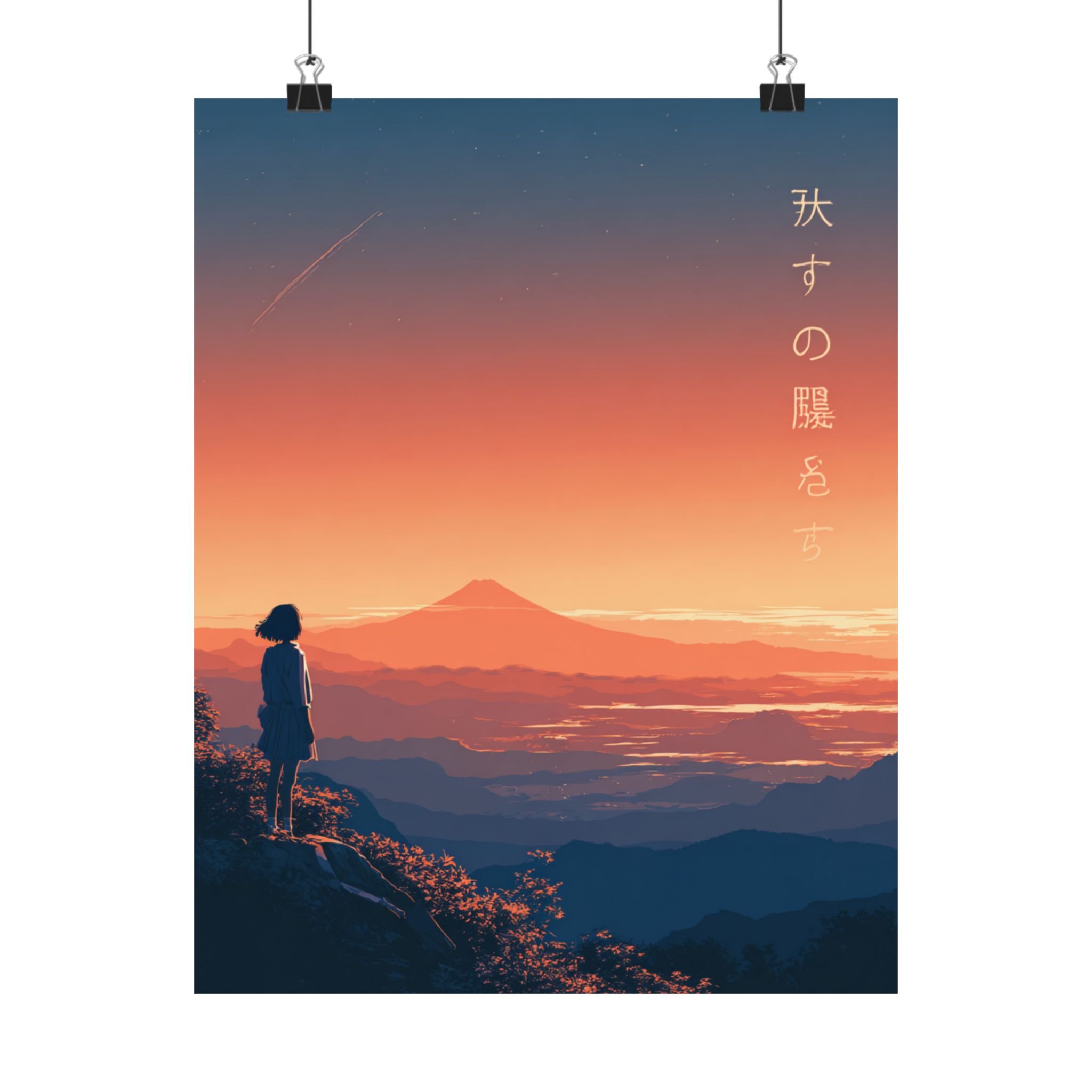 Sunset Mountain Silhouette Poster, Blue Orange Sunset Poster, Japan Mountains Aesthetic Art | Matte Vertical Poster