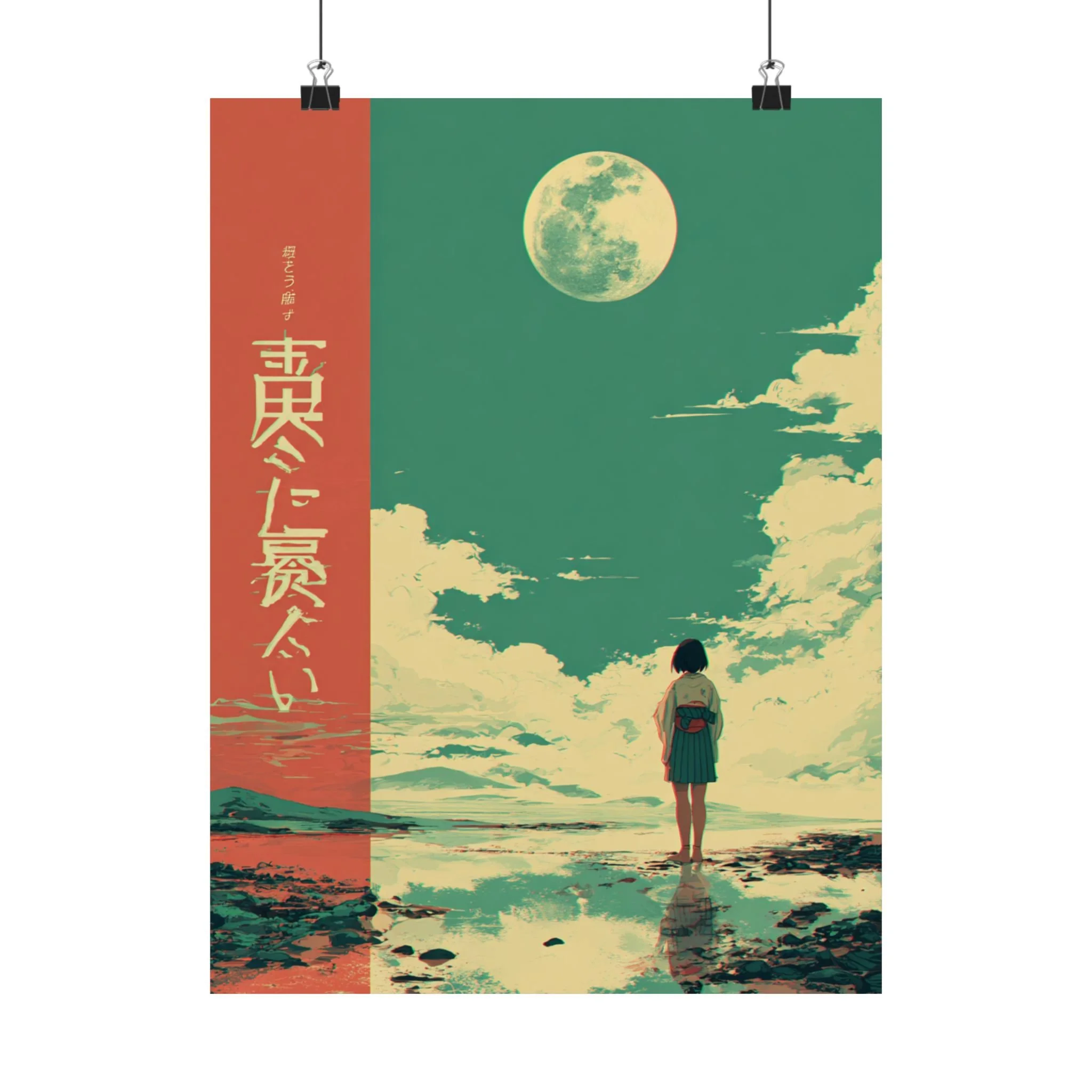 Vintage Anime Poster, Retro Japanese Art, Moonlit Anime Girl Poster | Matte Vertical Poster