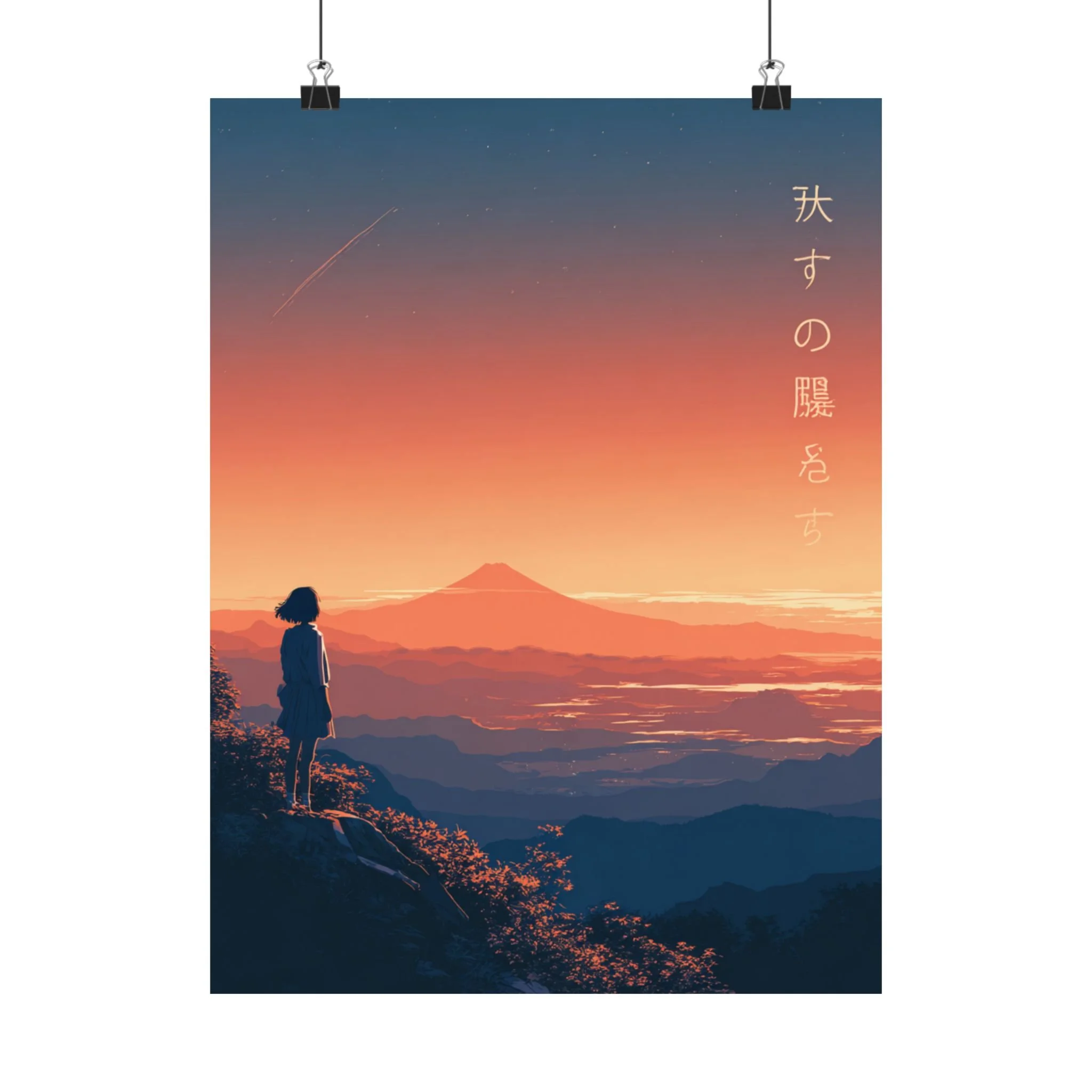 Sunset Mountain Silhouette Poster, Blue Orange Sunset Poster, Japan Mountains Aesthetic Art | Matte Vertical Poster