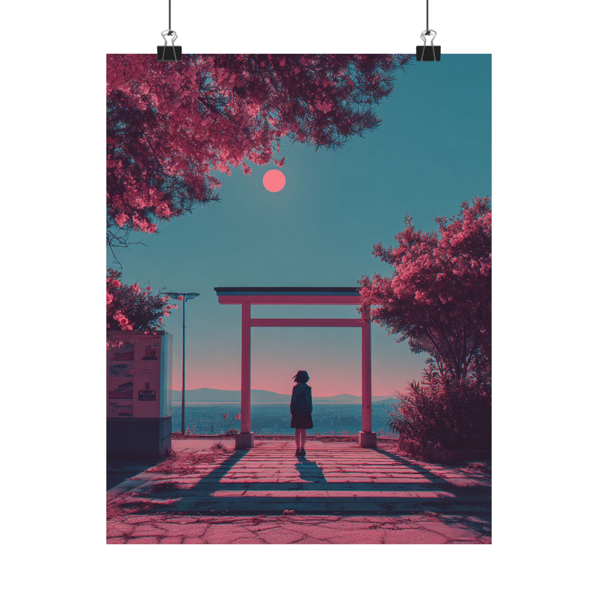 Matte Vertical Japanese Landscape Print, Japanese Illustration, Japan Poster Print, Cherry Blossom, Red Blue Poster