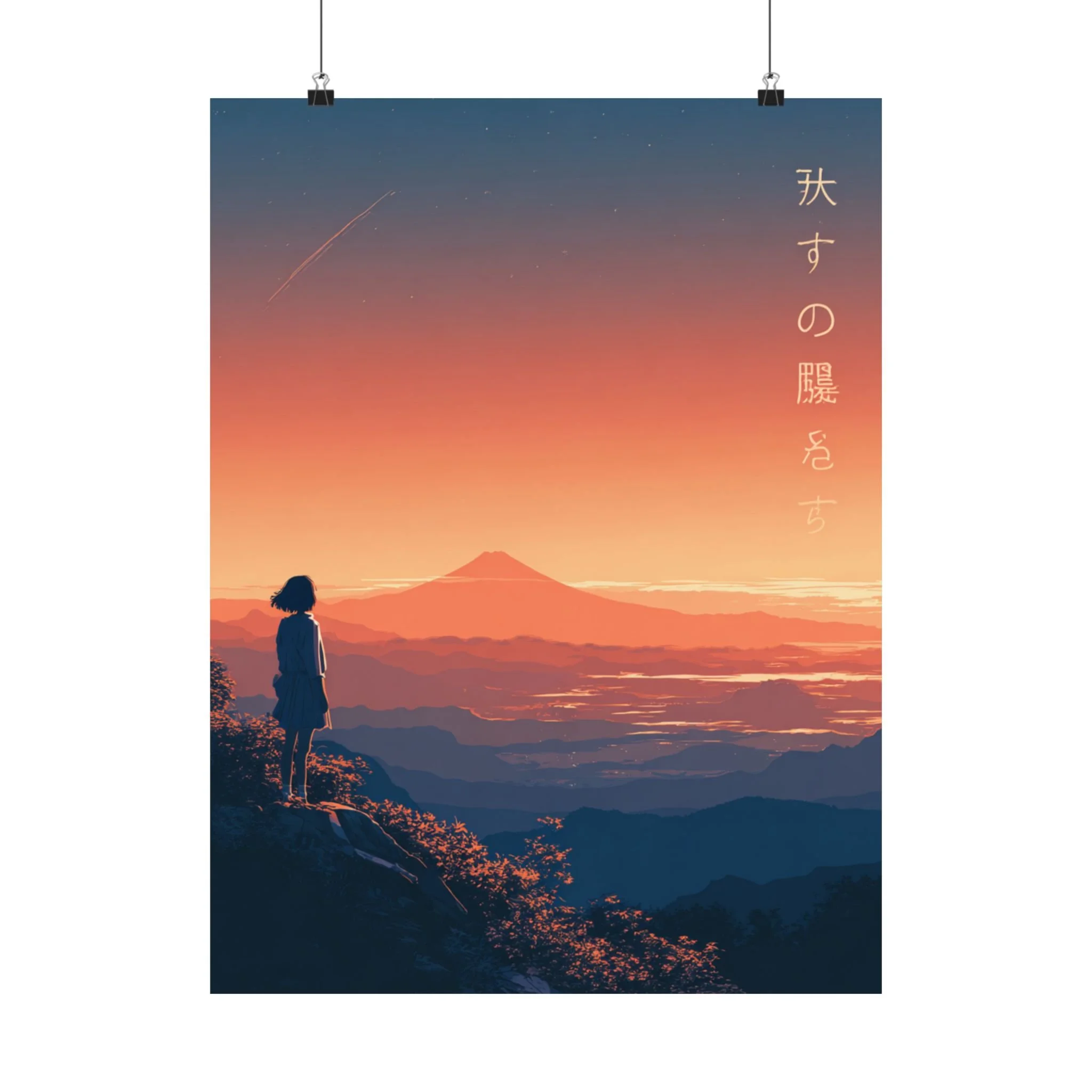 Sunset Mountain Silhouette Poster, Blue Orange Sunset Poster, Japan Mountains Aesthetic Art | Matte Vertical Poster