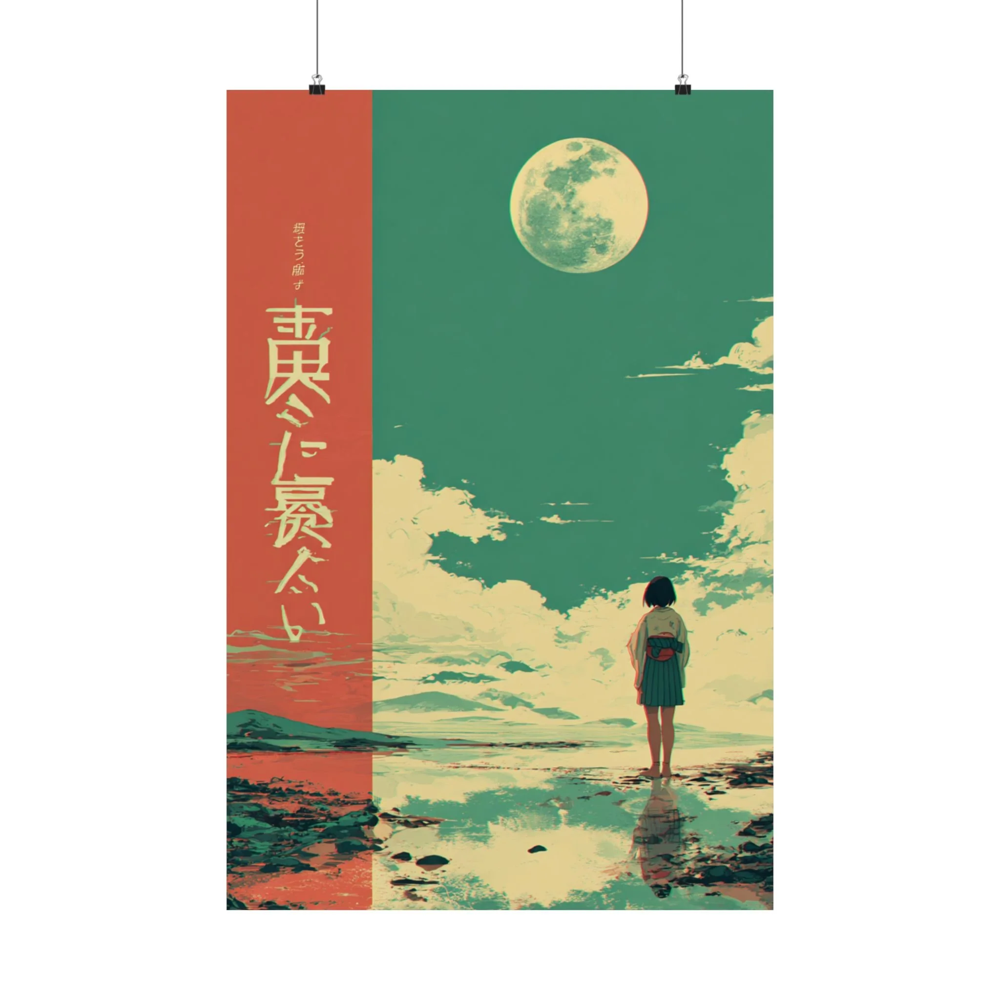Vintage Anime Poster, Retro Japanese Art, Moonlit Anime Girl Poster | Matte Vertical Poster