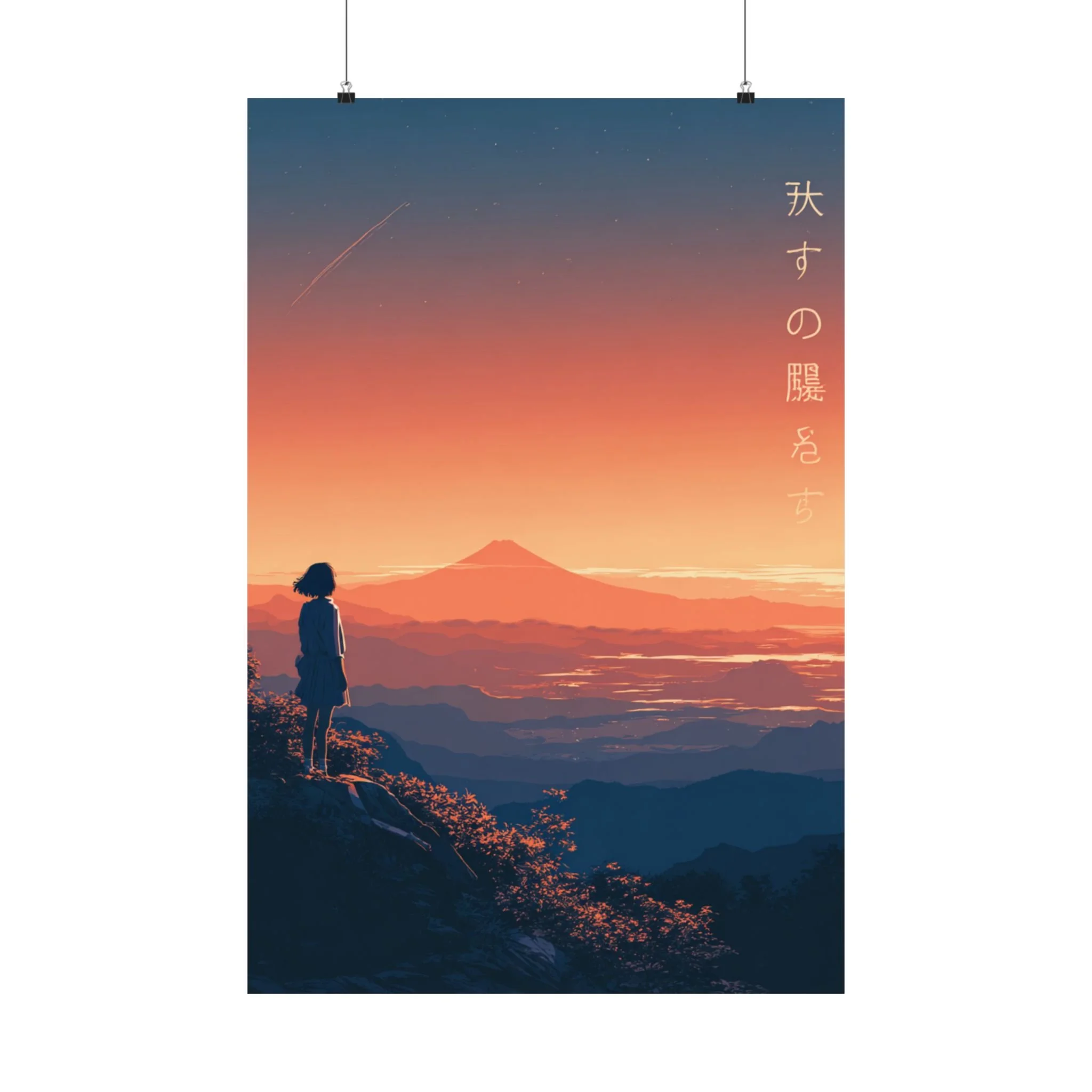 Sunset Mountain Silhouette Poster, Blue Orange Sunset Poster, Japan Mountains Aesthetic Art | Matte Vertical Poster