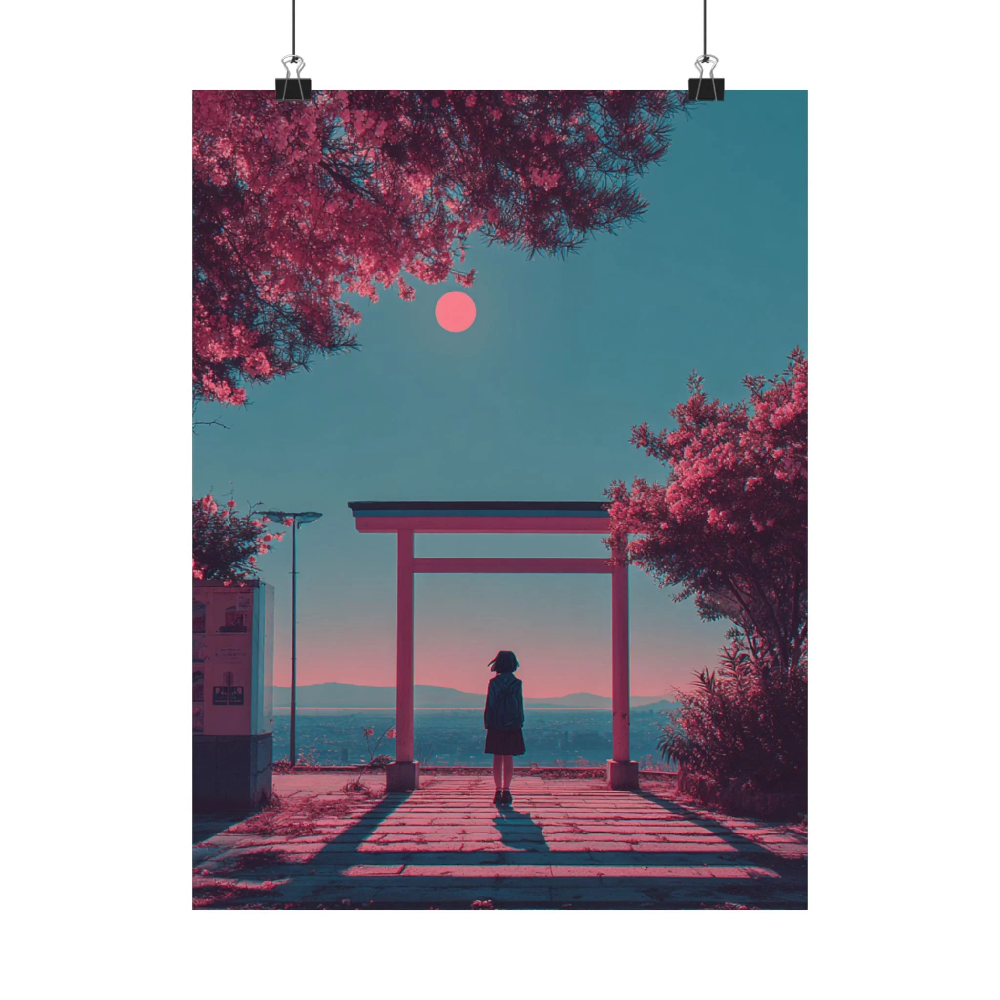 Matte Vertical Japanese Landscape Print, Japanese Illustration, Japan Poster Print, Cherry Blossom, Red Blue Poster