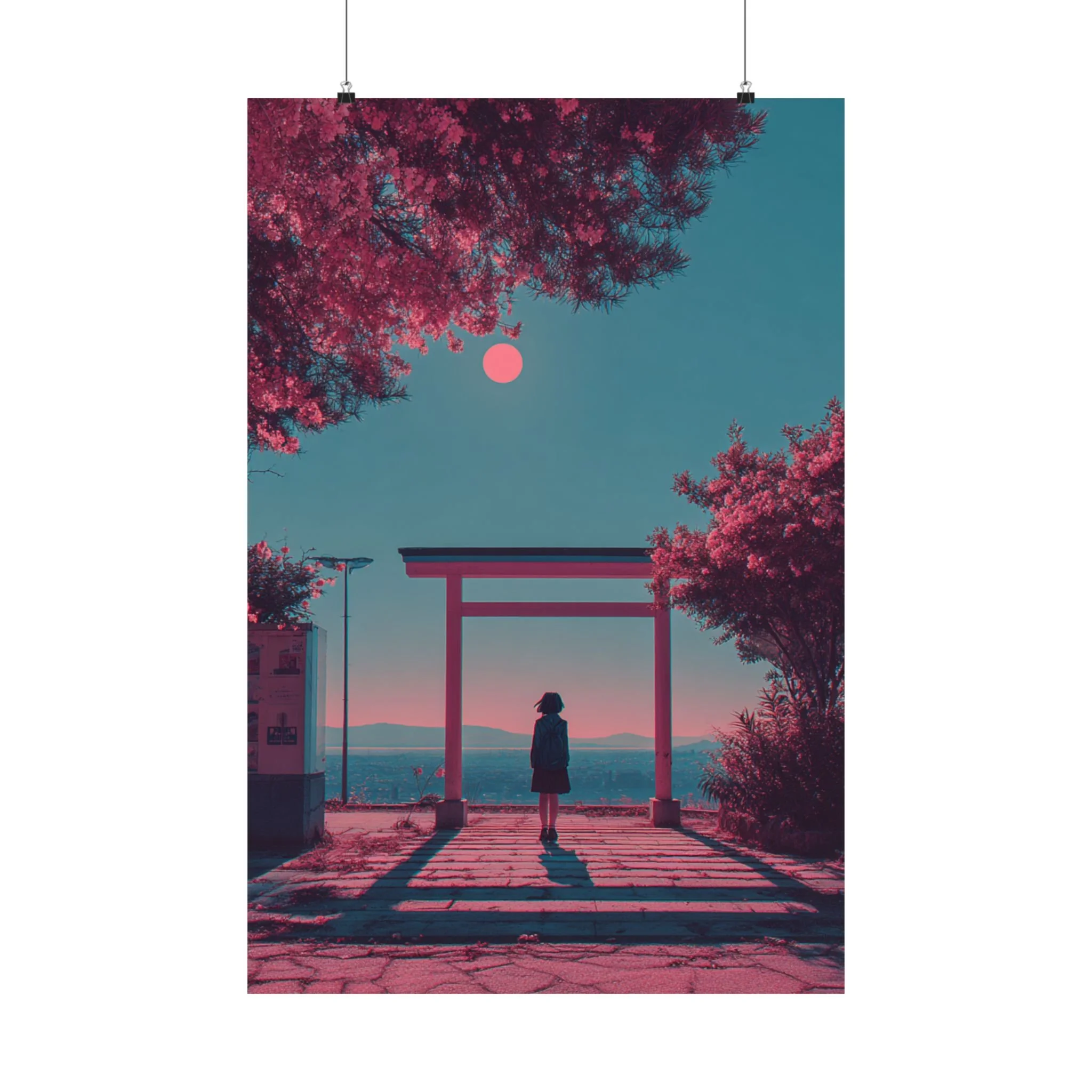 Matte Vertical Japanese Landscape Print, Japanese Illustration, Japan Poster Print, Cherry Blossom, Red Blue Poster