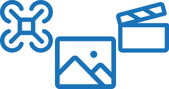 Icon of a drone, a film clapperboard, and a photo with a mountain and sun.