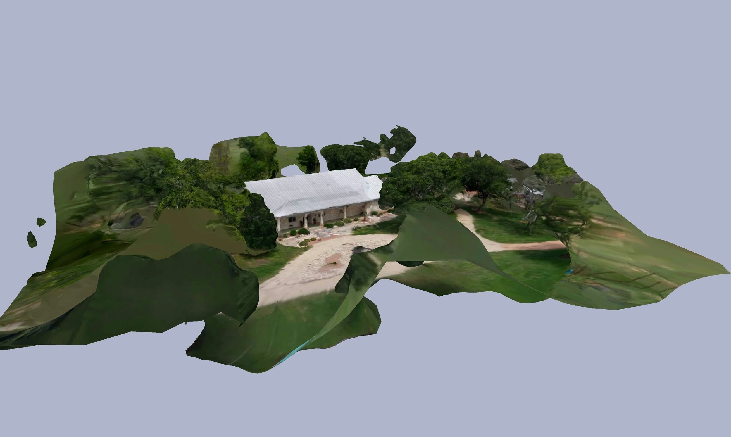 A 3D model of a house with a white roof surrounded by trees and greenery, viewed at an angle.