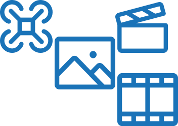 Icon illustrations of a drone, a photo, a film clapperboard, and a film strip, all in blue.