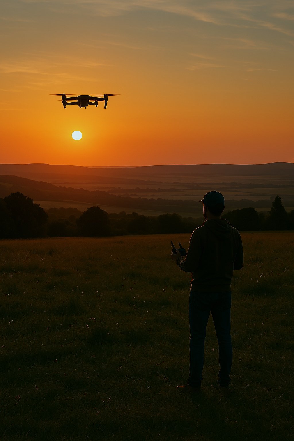 A person in a hoodie and cap flying a drone at sunset in a field with rolling hills in the background.