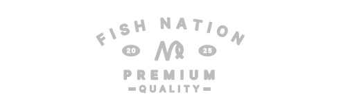 A monochrome logo with text reading "Fish Nation" and "Premium Quality," featuring the numbers 20, 25, and a stylized fish icon.