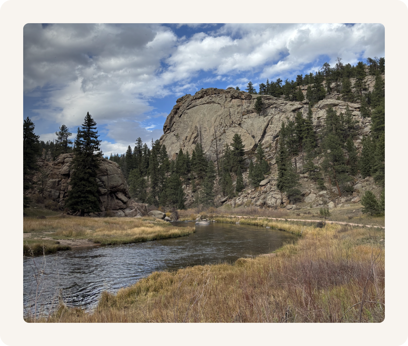 A river flowing through a grassy valley with large granite cliffs and pine trees on a partly cloudy sky day.