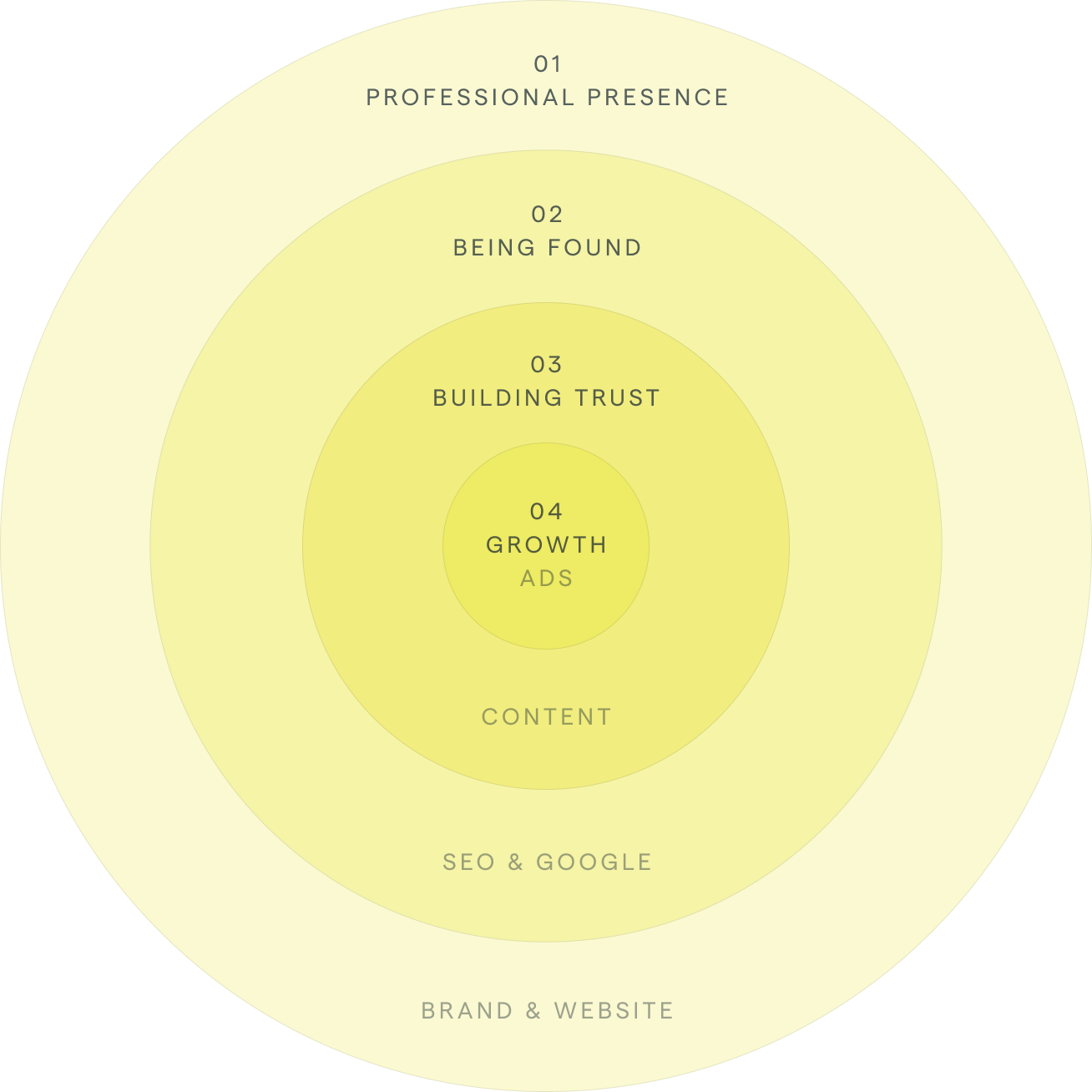 Yellow circle diagram illustrating stages of growth: professional presence, being found, building trust, growth ads, content, SEO & Google, brand & website.
